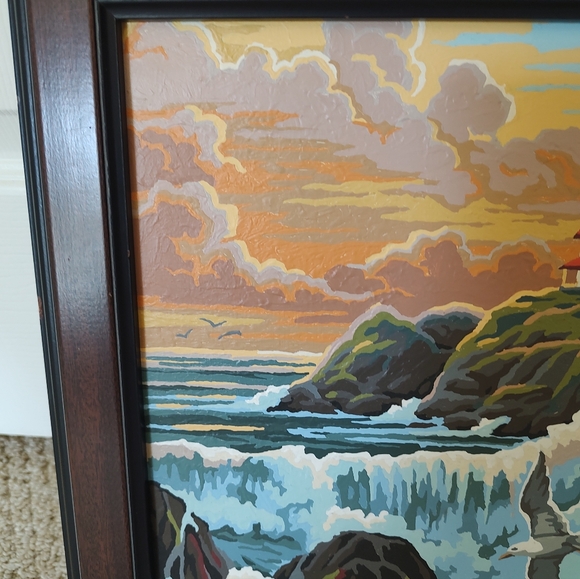 Vintage Paint By Number Framed Seascape Lighthouse Ocean View Painting - Picture 6 of 11